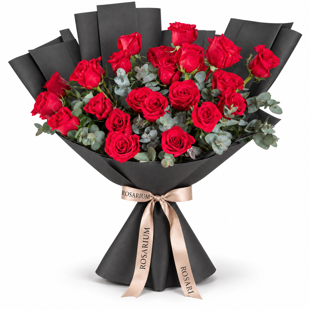 25 red roses in black wrapping with a Rosarium ribbon
