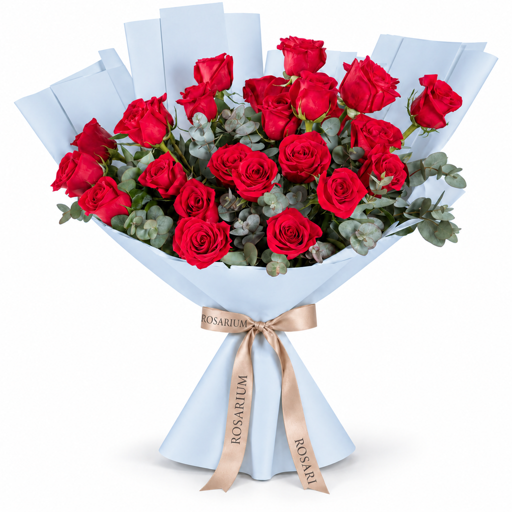 25 red roses in blue wrapping with a Rosarium ribbon