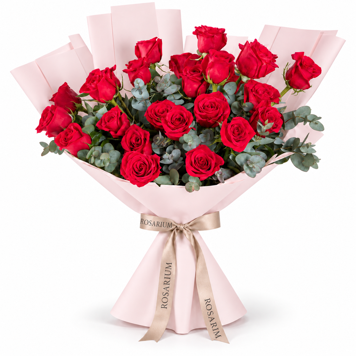 25 red roses in light pink wrapping with a Rosarium ribbon