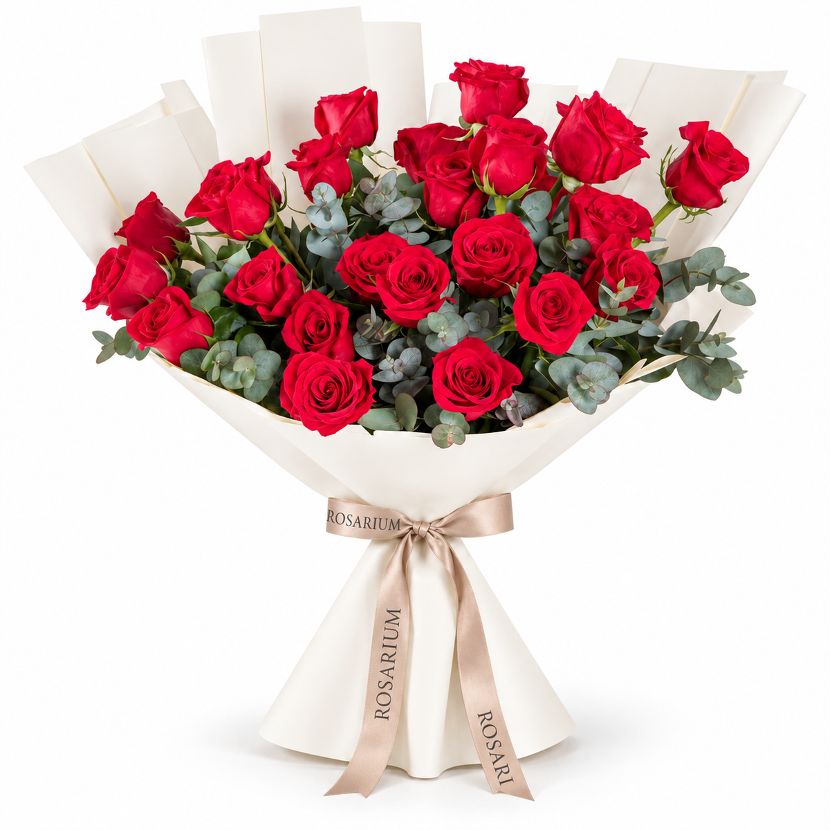 25 red roses in off-white wrapping with a Rosarium ribbon
