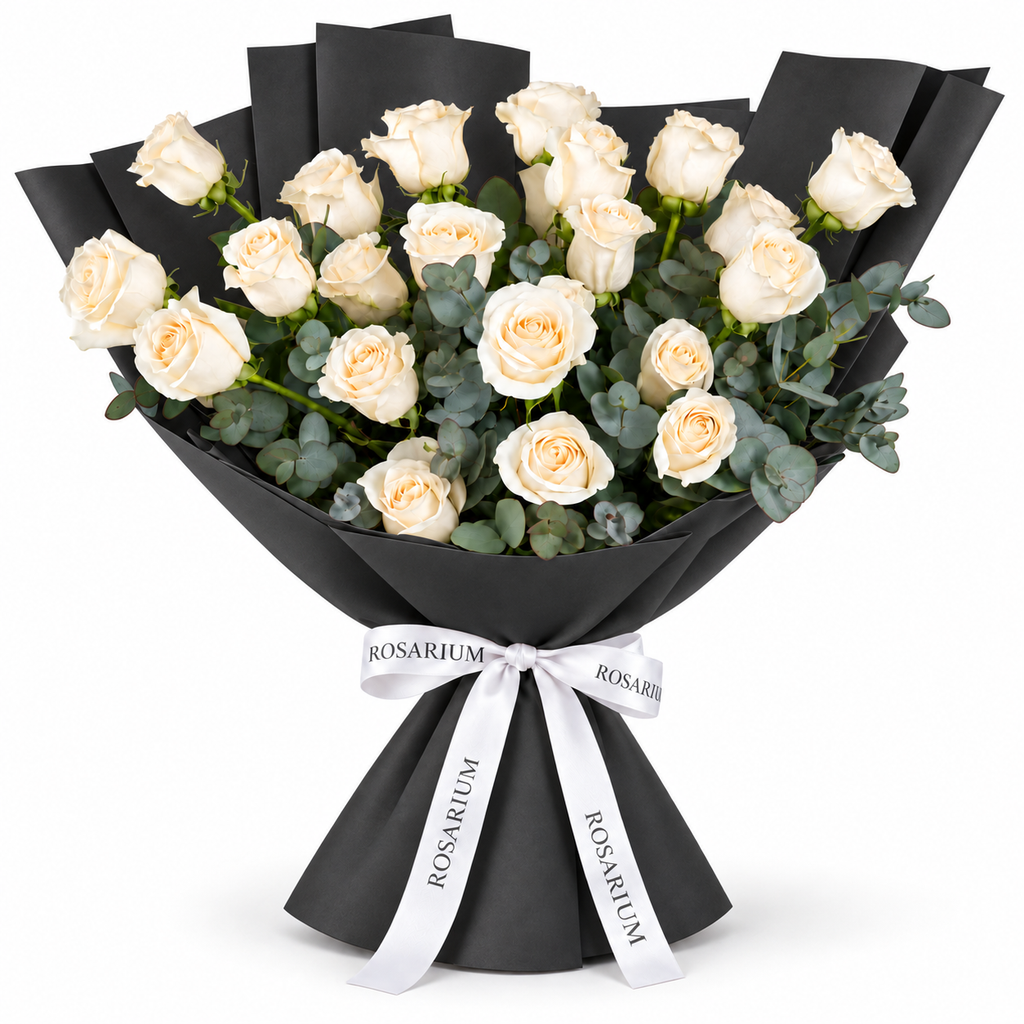 25 white roses in black wrapping with a Rosarium ribbon