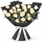 25 white roses in black wrapping with a Rosarium ribbon