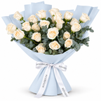 25 white roses in blue wrapping with a Rosarium ribbon