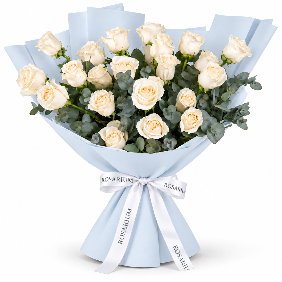 25 white roses in blue wrapping with a Rosarium ribbon