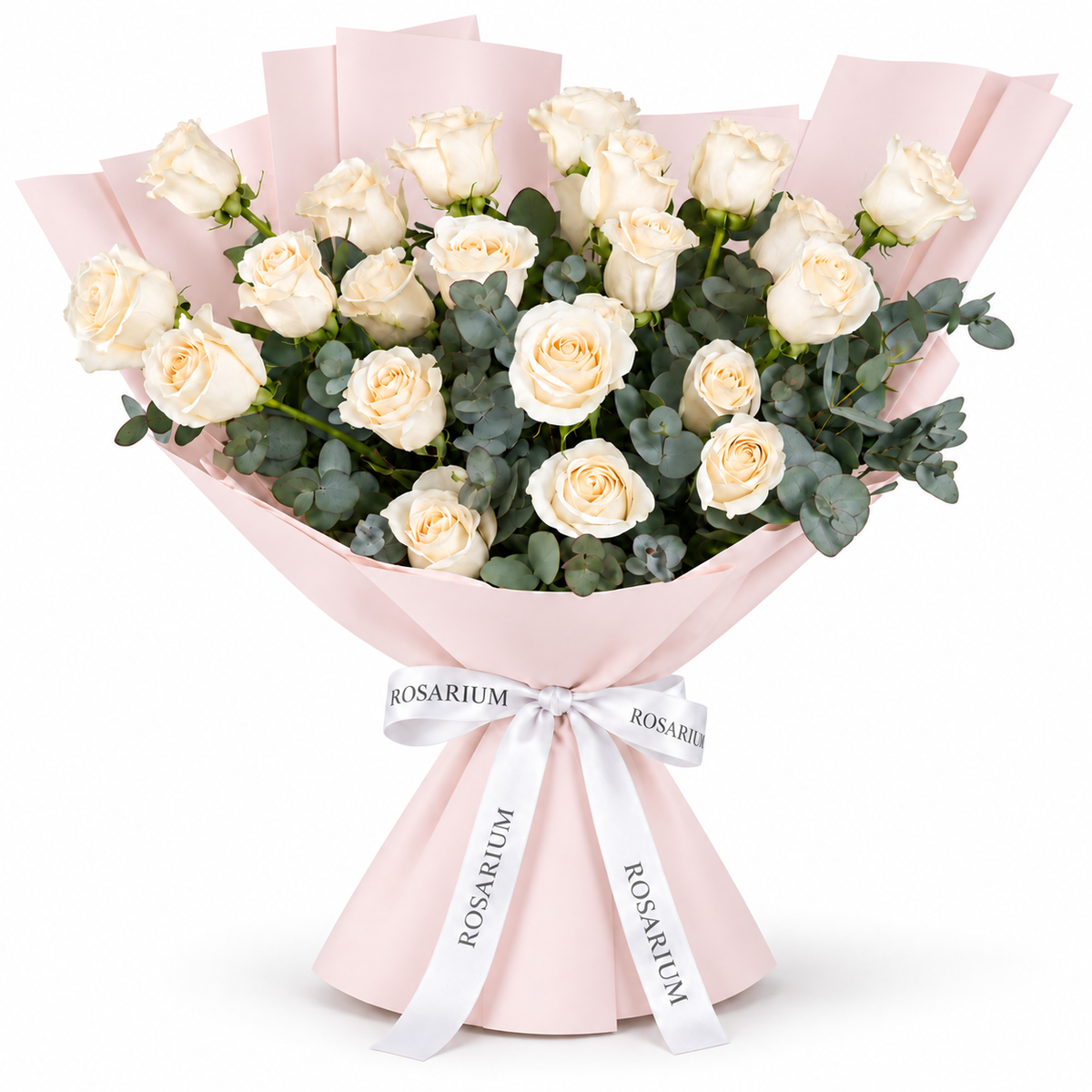 25 white roses in light pink wrapping with a Rosarium ribbon