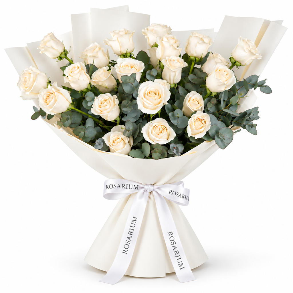 25 white roses in off-white wrapping with a Rosarium ribbon