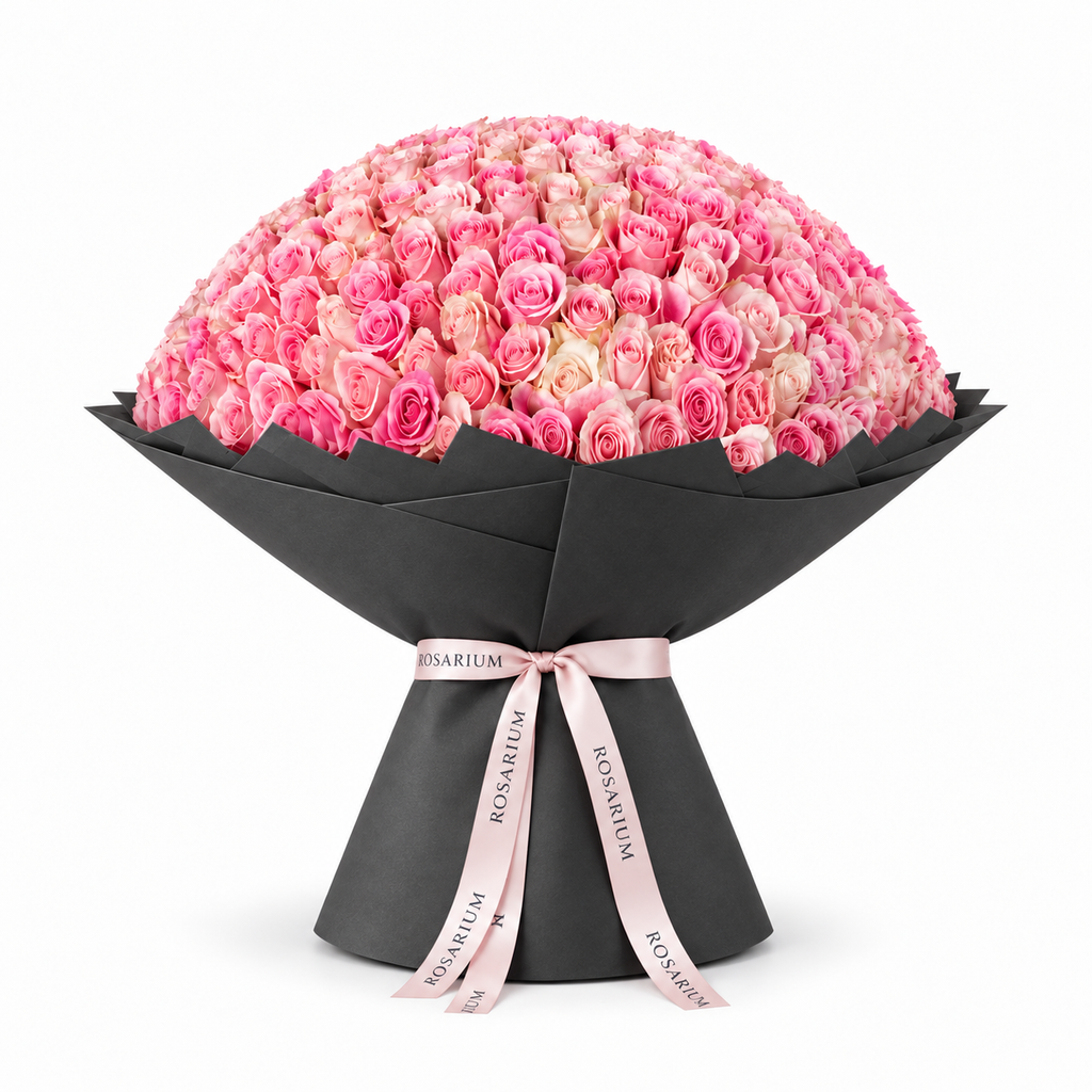 365 pink roses in black wrapping with a Rosarium ribbon