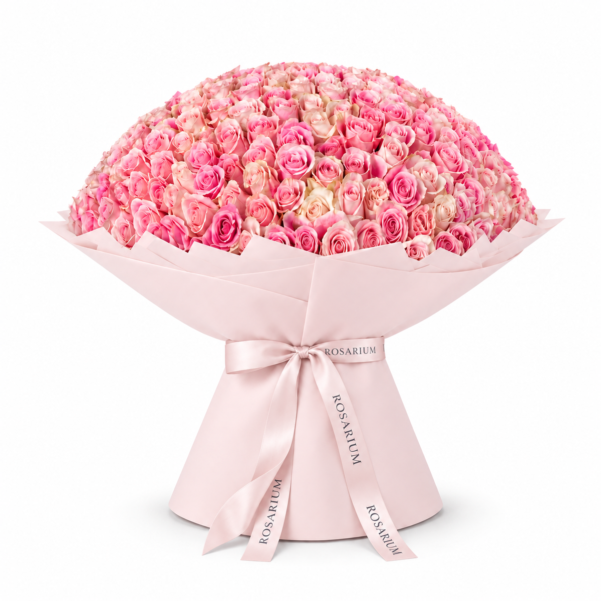 365 pink roses in light pink wrapping with a Rosarium ribbon