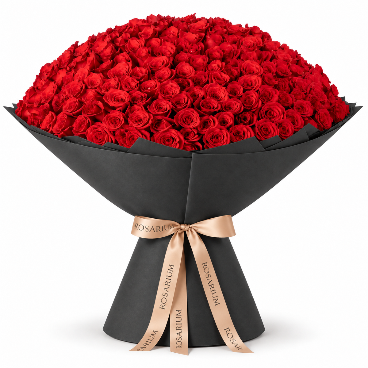365 red roses in black wrapping with a Rosarium ribbon