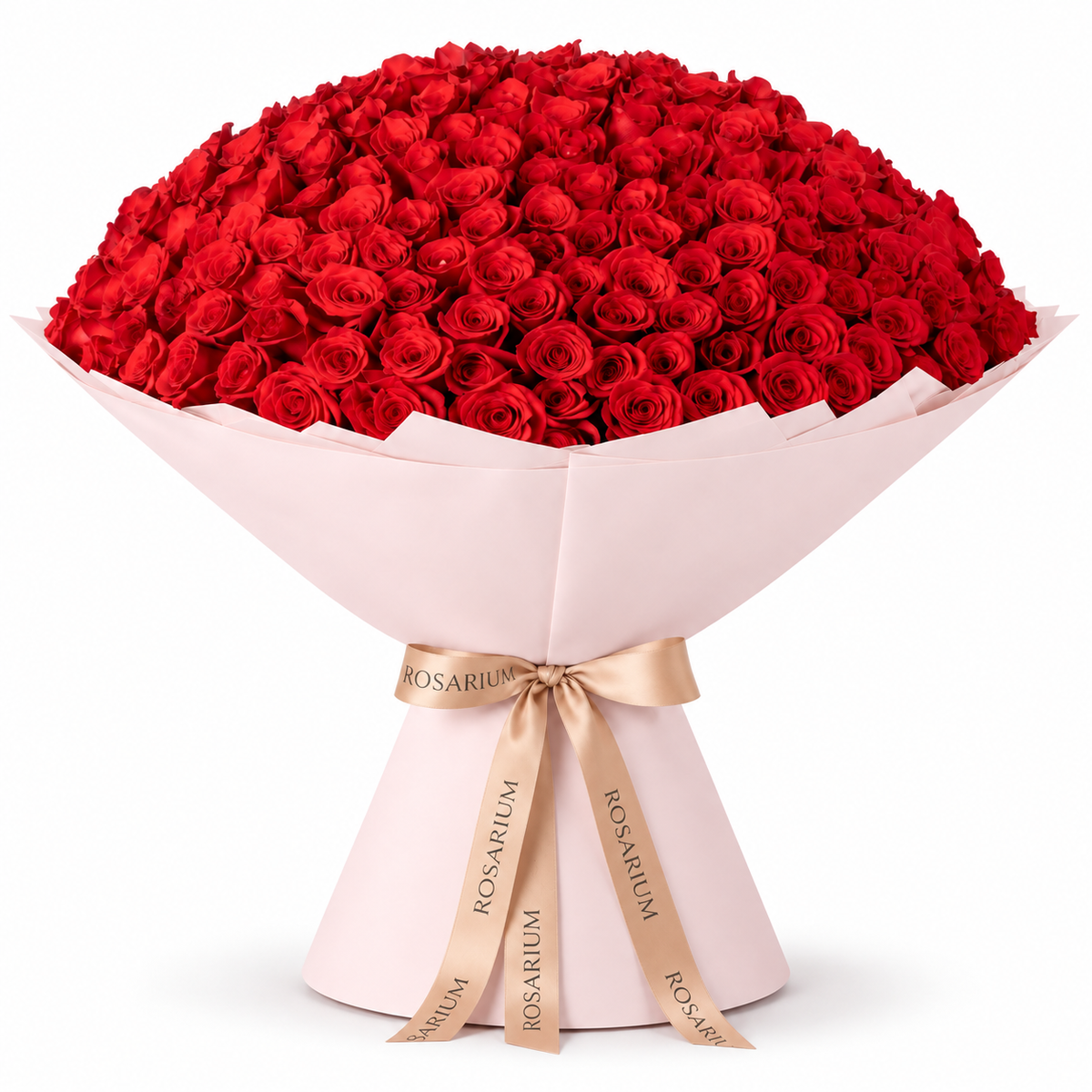 365 red roses in light pink wrapping with a Rosarium ribbon