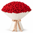 365 red roses in off-white wrapping with a Rosarium ribbon