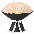 365 white roses in black wrapping with a Rosarium ribbon