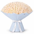 365 white roses in blue wrapping with a Rosarium ribbon