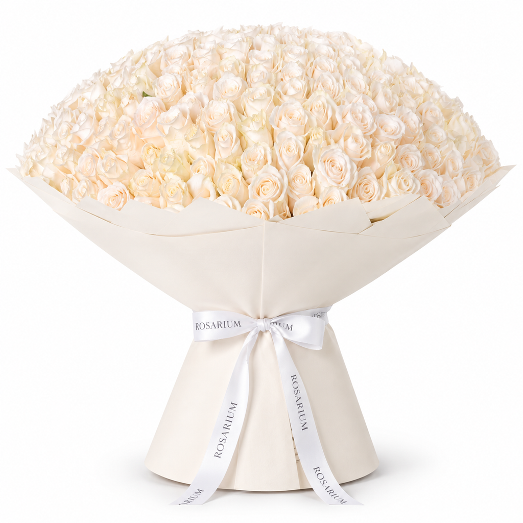 365 white roses in off-white wrapping with a Rosarium ribbon