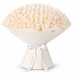 365 white roses in off-white wrapping with a Rosarium ribbon