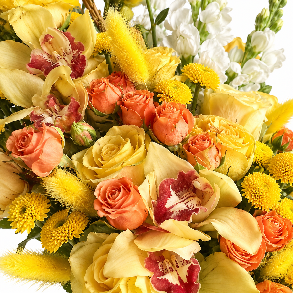 Apricot Afterglow: close-up of yellow and orange roses, yellow flowers and a woven heart