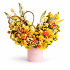 Apricot Afterglow: yellow and orange roses, yellow flowers and a woven heart in a light pink Rosarium flower box
