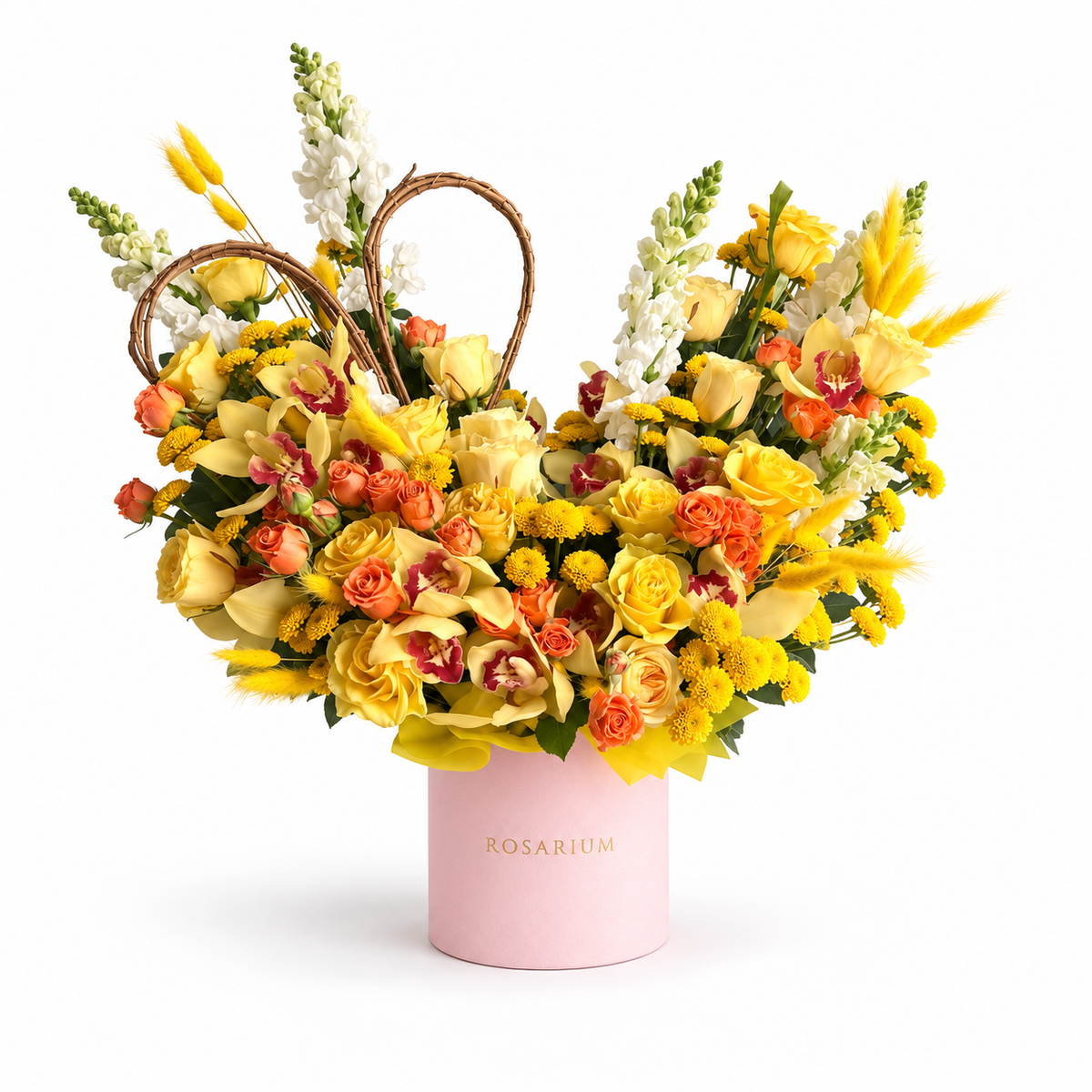 Apricot Afterglow: yellow and orange roses, yellow flowers and a woven heart in a light pink Rosarium flower box