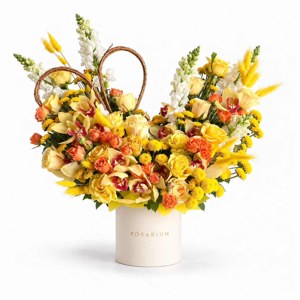 Apricot Afterglow: yellow and orange roses, yellow flowers and a woven heart in an off-white Rosarium flower box