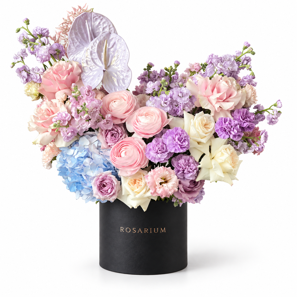 Azure Drift: pastel roses, blue hydrangea and lilac flowers in a black Rosarium flower box