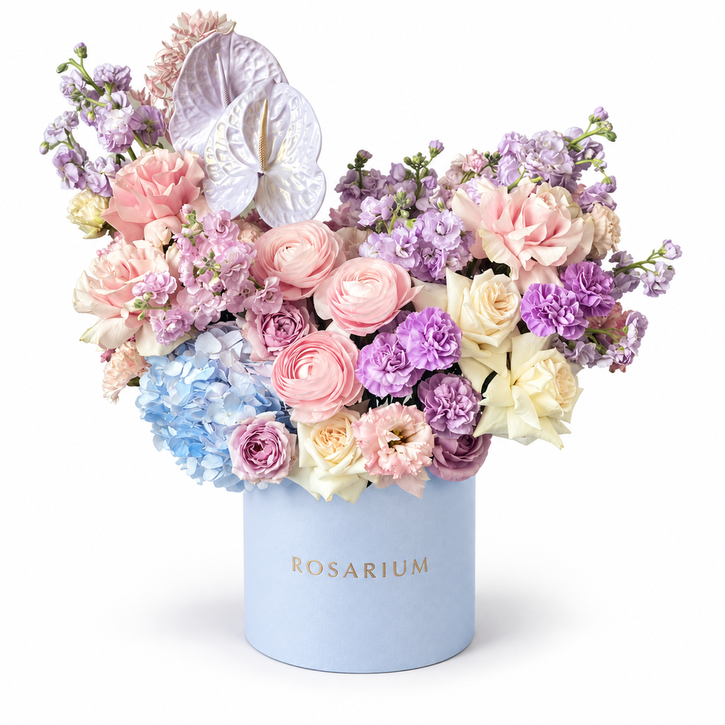 Azure Drift: pastel roses, blue hydrangea and lilac flowers in a blue Rosarium flower box