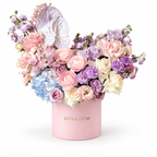 Azure Drift: pastel roses, blue hydrangea and lilac flowers in a light pink Rosarium flower box