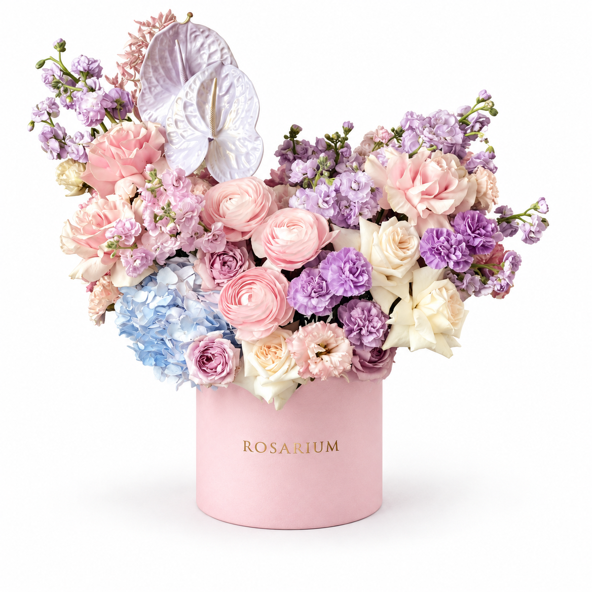 Azure Drift: pastel roses, blue hydrangea and lilac flowers in a light pink Rosarium flower box
