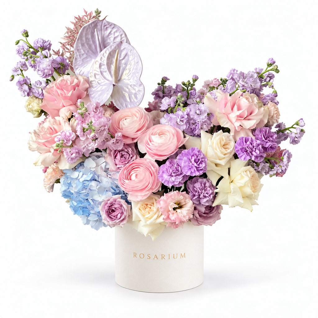 Azure Drift: pastel roses, blue hydrangea and lilac flowers in an off-white Rosarium flower box
