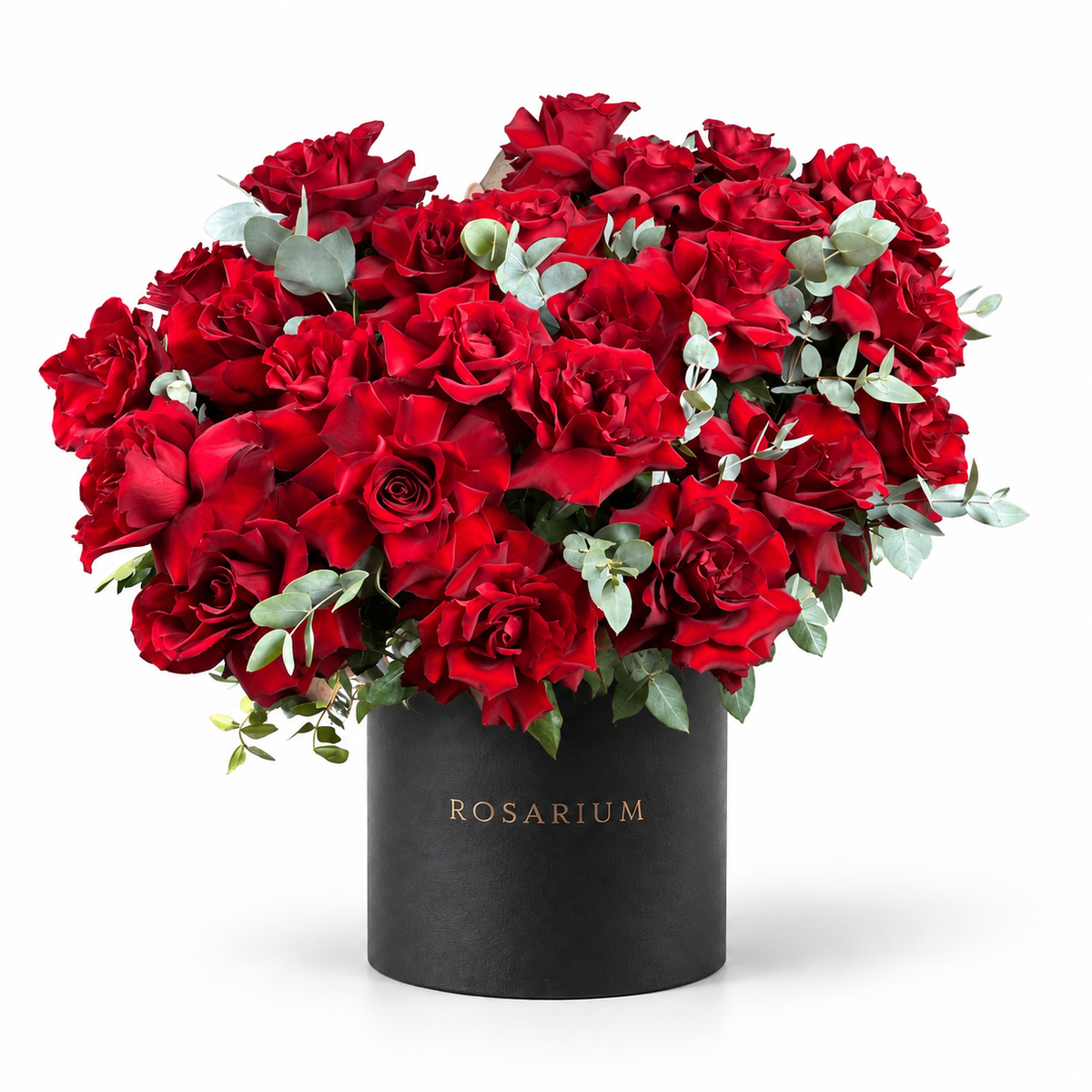Be Mine, Loudly: red roses with eucalyptus in a black Rosarium flower box