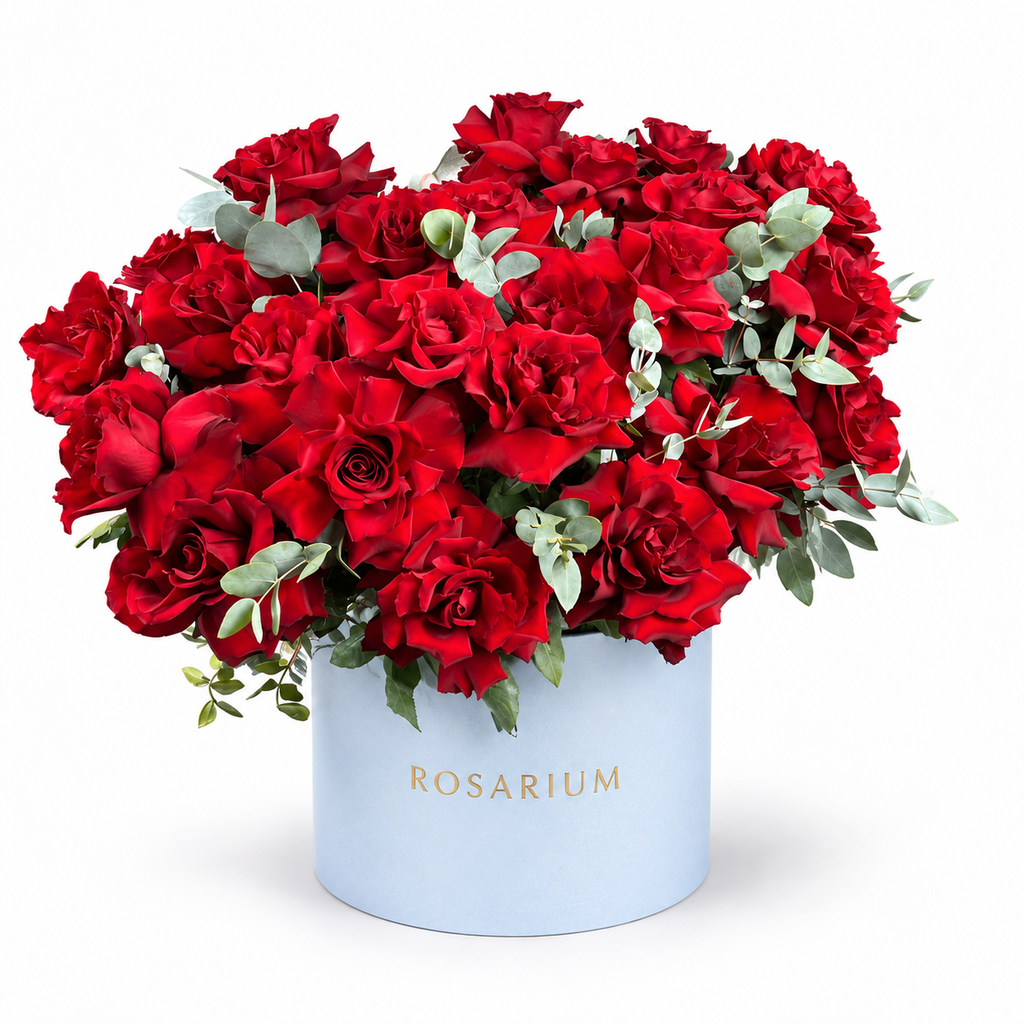 Be Mine, Loudly: red roses with eucalyptus in a blue Rosarium flower box