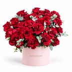 Be Mine, Loudly: red roses with eucalyptus in a light pink Rosarium flower box