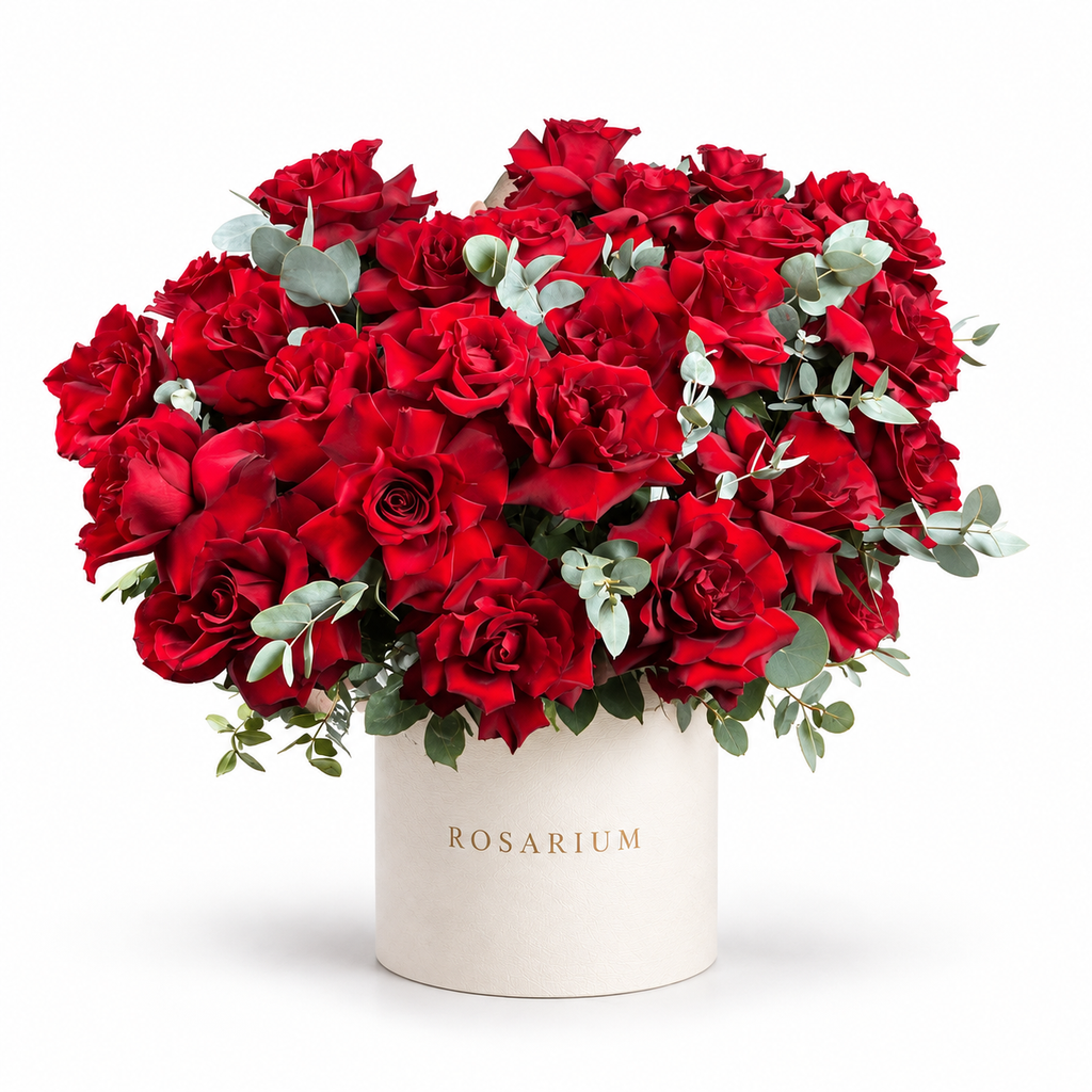 Be Mine, Loudly: red roses with eucalyptus in an off-white Rosarium flower box