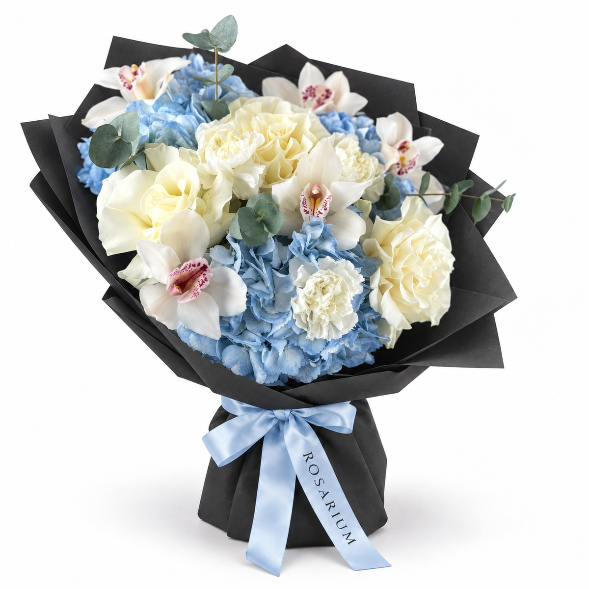 Blue Mood: ivory roses, white orchids and blue hydrangea in black wrapping