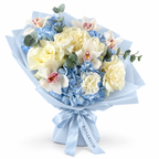 Blue Mood: ivory roses, white orchids and blue hydrangea in blue wrapping