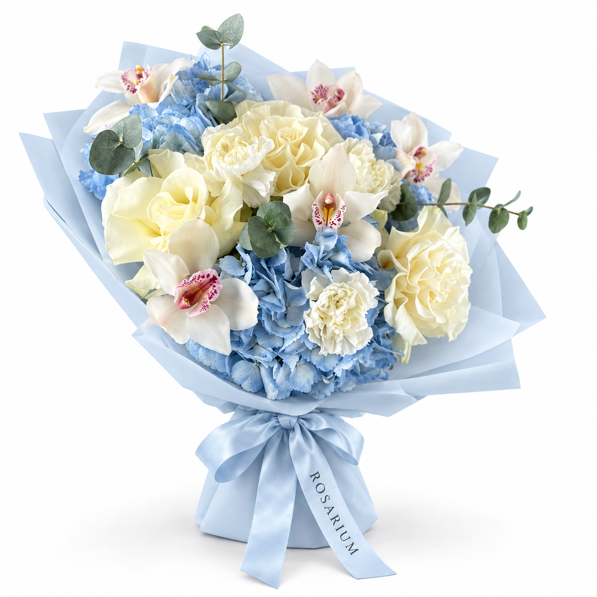 Blue Mood: ivory roses, white orchids and blue hydrangea in blue wrapping