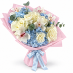 Blue Mood: ivory roses, white orchids and blue hydrangea in light pink wrapping