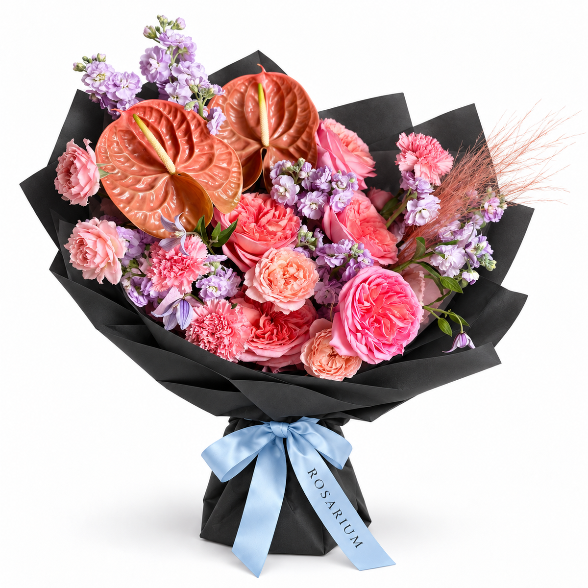 Blush After Dark: peach anthuriums, pink roses and lilac flowers in black wrapping