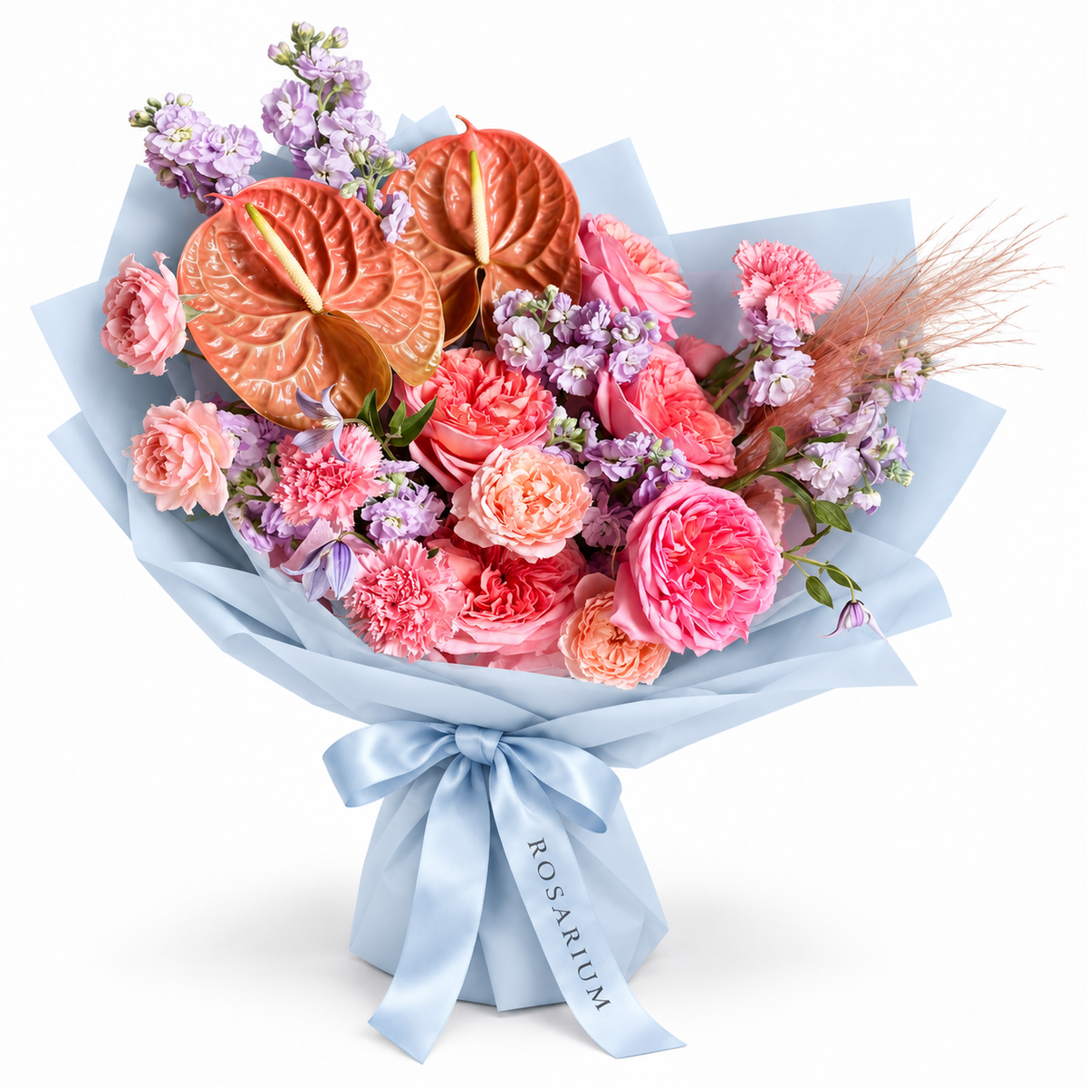 Blush After Dark: peach anthuriums, pink roses and lilac flowers in blue wrapping
