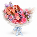 Blush After Dark: peach anthuriums, pink roses and lilac flowers in off-white wrapping