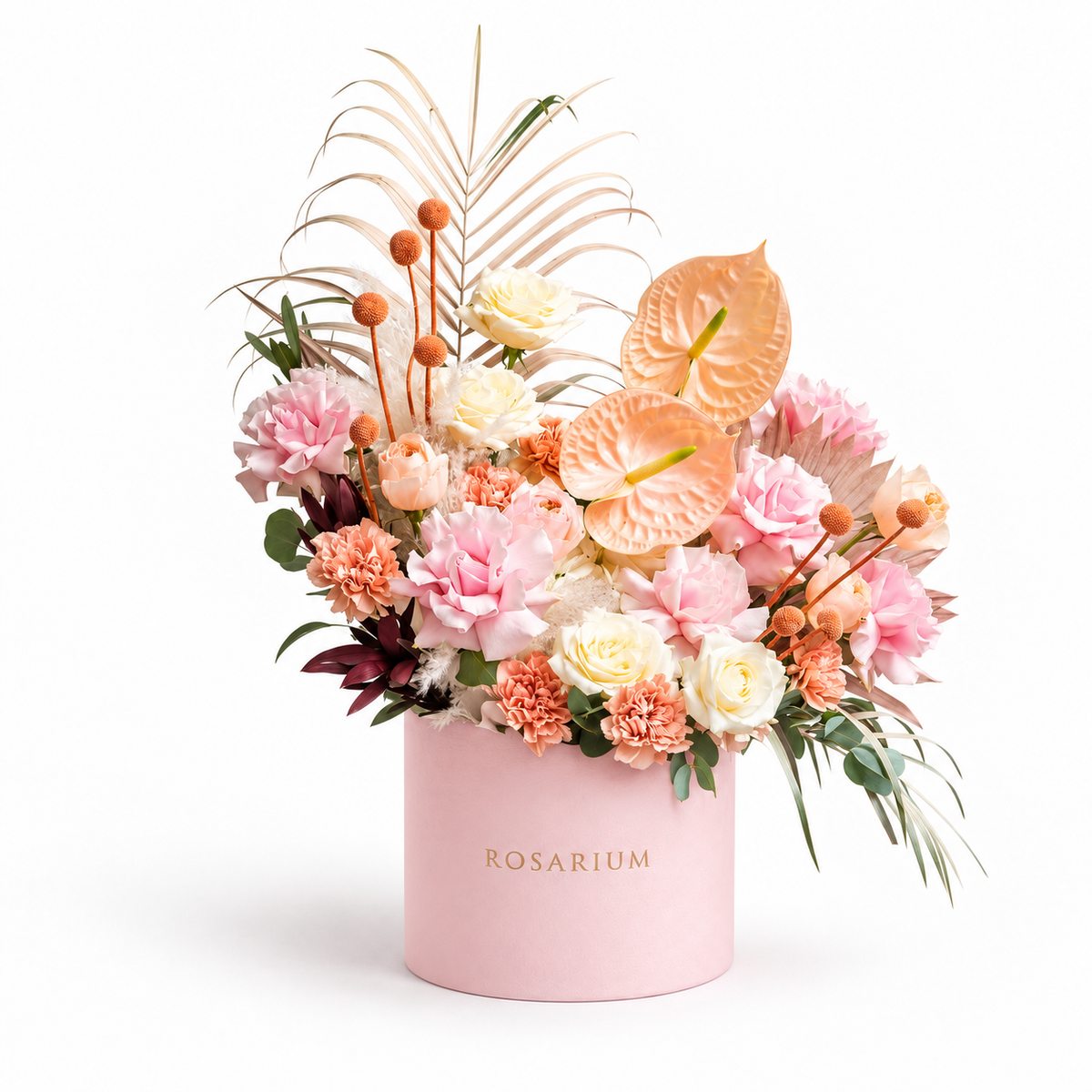 Blush, Interrupted: peach anthuriums, pink roses and small orange accents in a light pink Rosarium flower box