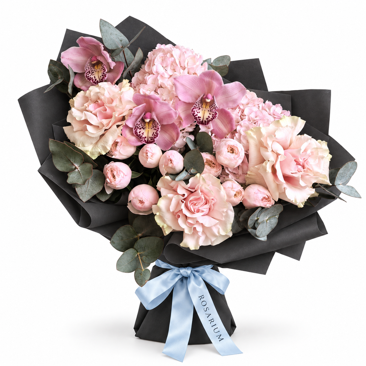 Blush Spectacle: pink orchids, blush roses and pink hydrangea in black wrapping