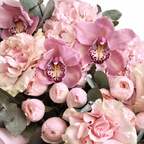 Blush Spectacle: close-up of pink orchids, blush roses and pink hydrangea