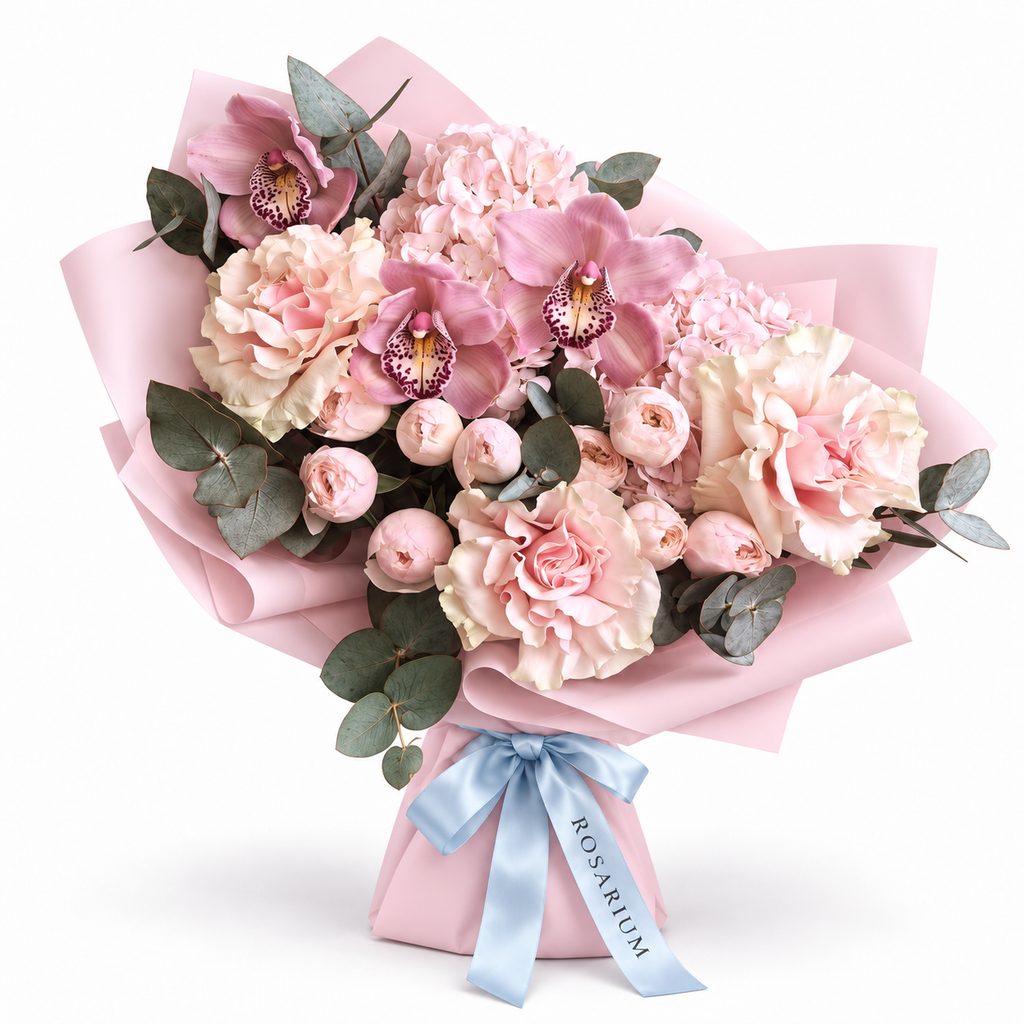 Blush Spectacle: pink orchids, blush roses and pink hydrangea in light pink wrapping