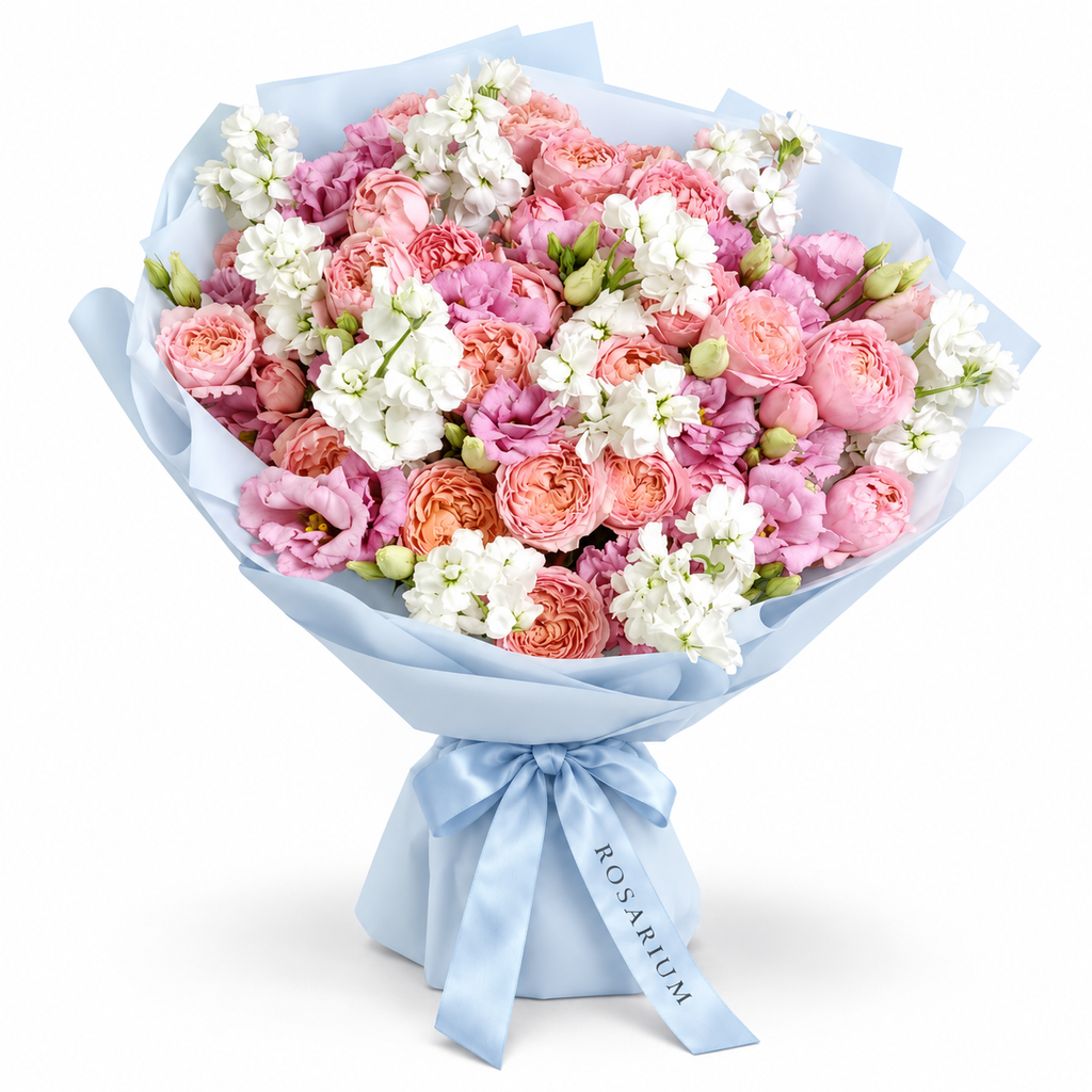Blush, with Love: pink roses and white and pink flowers in blue wrapping