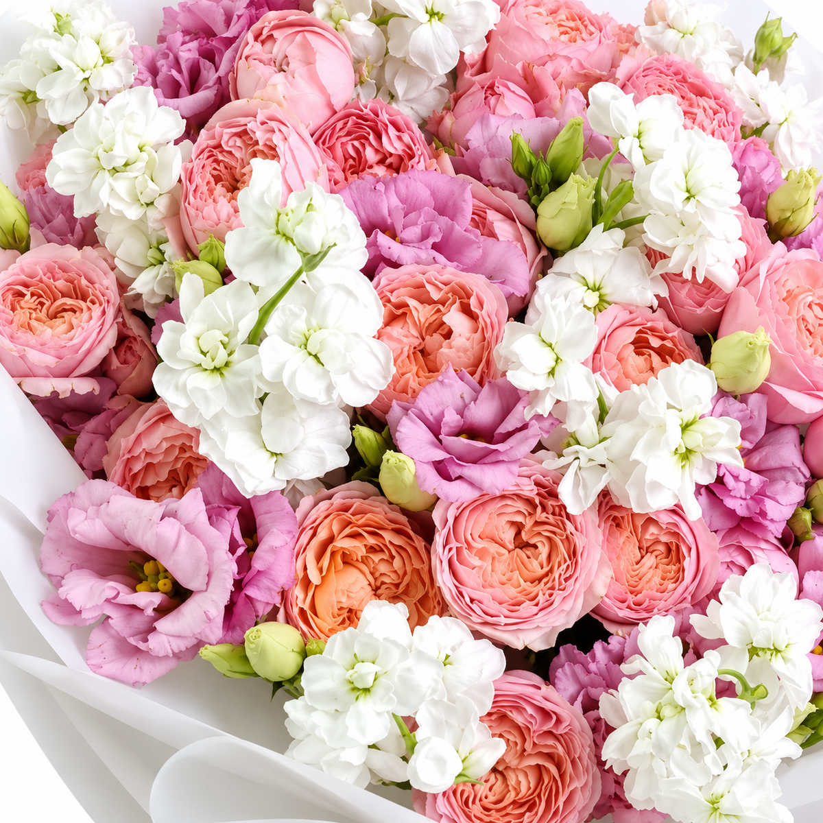 Blush, with Love: close-up of pink roses and white and pink flowers