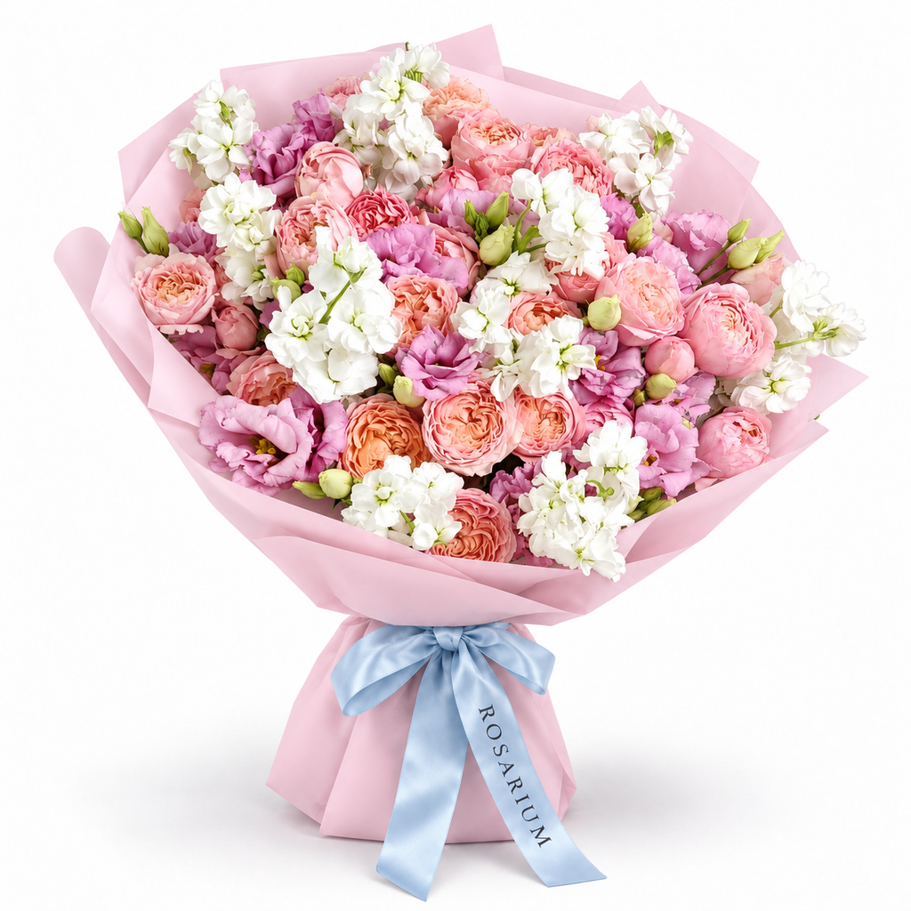 Blush, with Love: pink roses and white and pink flowers in light pink wrapping
