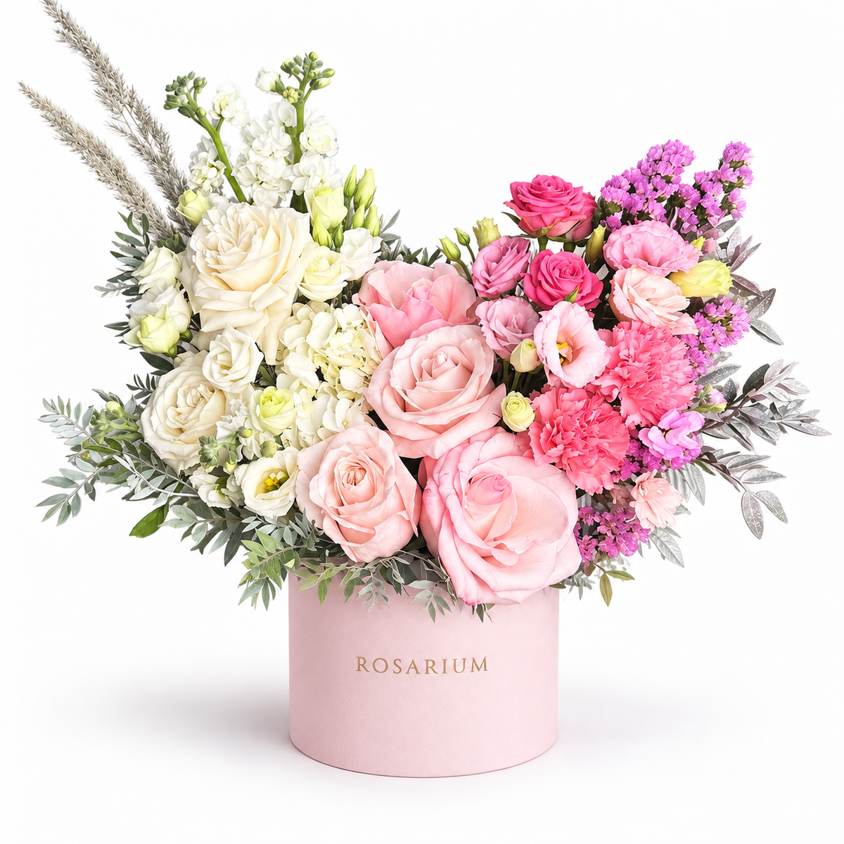 Colour Daydream: ivory and pink roses, white and pink flowers and pampas grass in a light pink Rosarium flower box