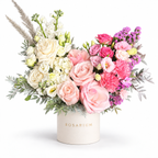 Colour Daydream: ivory and pink roses, white and pink flowers and pampas grass in an off-white Rosarium flower box