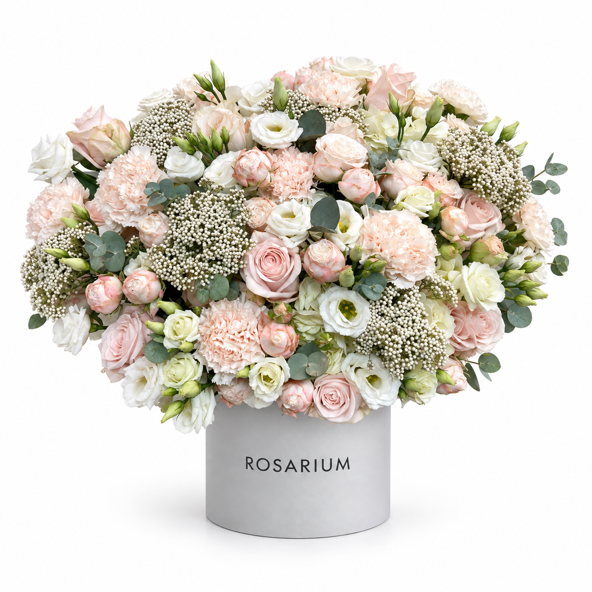 Champagne Lace — Champagne-pink roses, pale carnations and white lisianthus with fine clustered accents and eucalyptus in a dove-grey Rosarium box