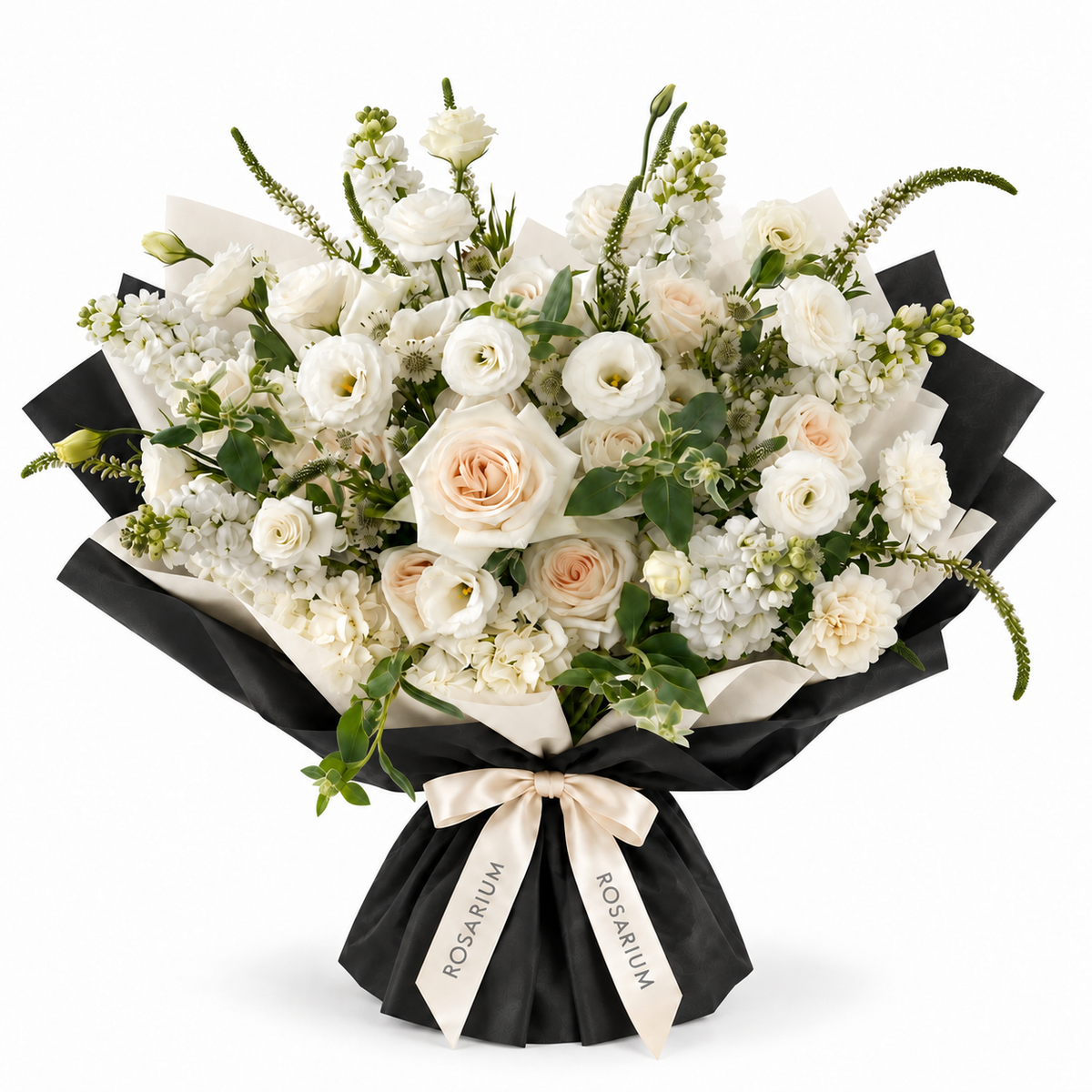 Ivory Daybreak — Ivory roses, white lisianthus and stock with slender veronica, delicate astrantia and fresh greenery in black-and-ivory wrapping